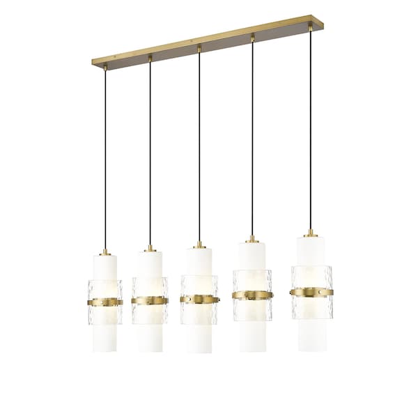 Z-Lite Cayden Linear Chandelier, 5-Light, 4.75in W x 42in L x 16.75in H, Modern Gold/Clear, Etched Opal 1946P-5L-MGLD - main